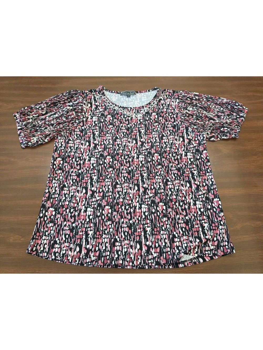 Vintage Rose Women's L Black Pink Print Top Silver Chain Detail Mob Wife Y2K